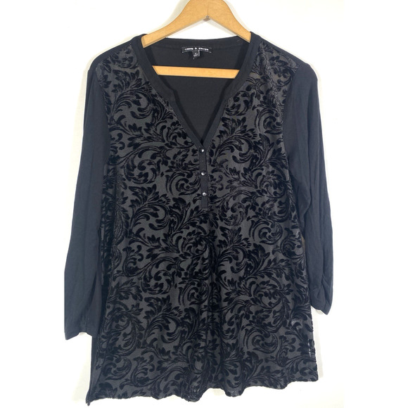 Cable & Gauge Velvet Burnout Top Henley Medium Black Whimsigoth Dk Romantic Y2K - Picture 5 of 10